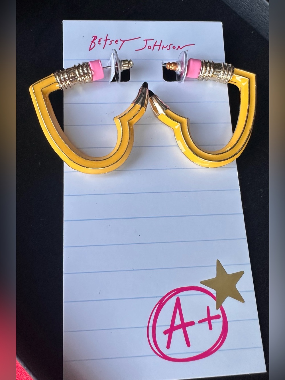NWT Betsey Johnson Yellow Pencil Heart Hoop Earrings with Pink Eraser Detail
